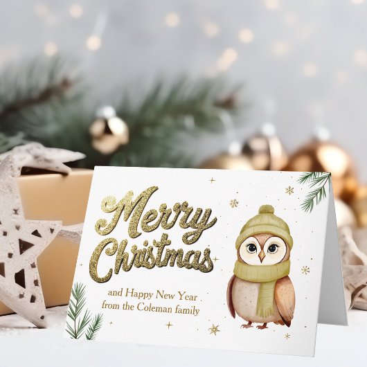 Cartes Pour Fêtes Annuelles Chic Gold Joyeux Chouette de Noël Bois