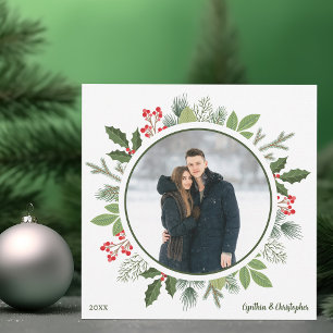 Cartes Pour Fêtes Annuelles Chic Green Holly Christmas Wreath 2 Side Photo