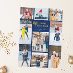 Cartes Pour Fêtes Annuelles Chic Happy Hanoukka Family Photo Collage Blue Gold<br><div class="desc">Chic personnalisable famille juive photo collage carte Hanoukka avec une collection de photos d'hiver. Ajoutez 9 de vos souvenirs préférés de Chanoukah sur cette page moderne de 9 photos autour d'une menorah et d'un script d'or. Bonne Hanoukka.</div>