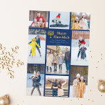 Cartes Pour Fêtes Annuelles Chic Happy Hanukkah Family Photo Collage Blue Gold<br><div class="desc">Chic customizable Jewish family photo collage Hanukkah card with a collection of winter photos. Add 9 of your favorite Chanukah memories on this modern 9 photograph layout around a menorah and gold script. Happy Hanukkah.</div>
