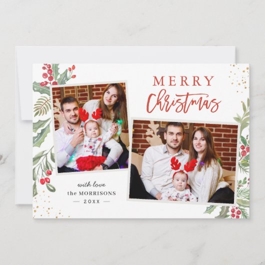 Cartes Pour Fêtes Annuelles Chic Holly Berries Joyeux Noël 2 Photo (Devant)