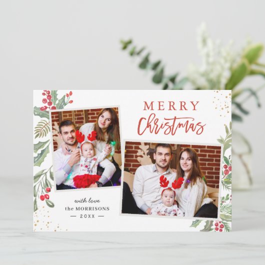 Cartes Pour Fêtes Annuelles Chic Holly Berries Joyeux Noël 2 Photo (Debout devant)