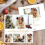 Cartes Pour Fêtes Annuelles Chic Merry et Bright Gold Script 4 Photo Collage<br><div class="desc">Élégant "Joyeux et lumineux" Gold Script 4 Photo Collage Carte de Noël. Cette carte de vacances design et minimaliste comprend quatre photos sur le devant et une photo sur le dos. L'avant présente un accueil fantaisiste "Joyeux et brillant" dans un élégant script en or écrit à la main sur un...</div>