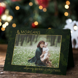 Cartes Pour Fêtes Annuelles Chic minimaliste vert Damask Photo de Noël