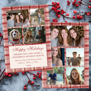 Cartes Pour Fêtes Annuelles Chic Plaid Noël Custom 9 Photo Collage Rouge
