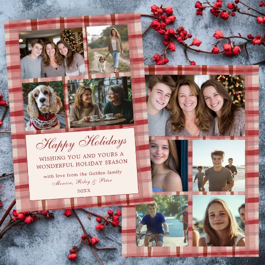 Cartes Pour Fêtes Annuelles Chic Plaid Noël Custom 9 Photo Collage Rouge