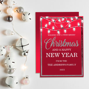 Cartes Pour Fêtes Annuelles Chic Red Silver Hanging Lights Glitter Christmas