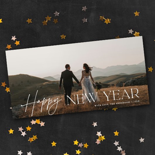 Cartes Pour Fêtes Annuelles Chic Script Panoramic New Year Holiday Photo Card