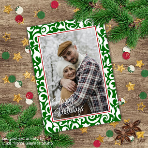 Cartes Pour Fêtes Annuelles Chic Vert foncé blanc Damas Floral Art Motif