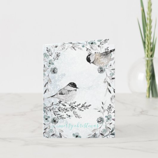 Cartes Pour Fêtes Annuelles Chickadee Birds d'hiver Dusty Blue Joyeux Noël (Devant)