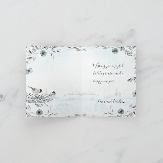 Cartes Pour Fêtes Annuelles Chickadee Birds d'hiver Dusty Blue Joyeux Noël (Intérieur)