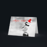 Cartes Pour Fêtes Annuelles Chickadee de Joyeux Noel Père Noël<br><div class="desc">Le joyeux Chickadee Noir-couvert peu est perché sur un banc utilisant un casquette de père Noël et indique,  Joyeux Noel ! Ajoutez un petit talent français à votre Noël,  totalement personnalisable pour personnaliser en tant que vous svp !</div>
