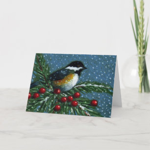 CARTES POUR FÊTES ANNUELLES CHICKADEE SUR LE BRANCH DE SNOWY