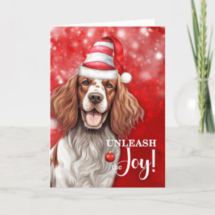 Cartes Pour Fêtes Annuelles Chien à couture rouge et blanc dévoilant la joie N