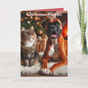 Cartes Pour Fêtes Annuelles Chien Boxer et Chat de Noël