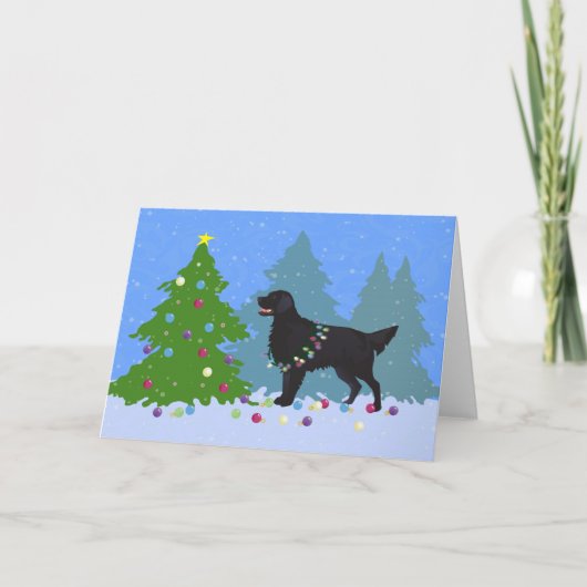 Cartes Pour Fêtes Annuelles Chien d'arrêt Plat-Enduit noir - forêt de Noël (Devant)