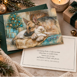 Cartes Pour Fêtes Annuelles Chien de berger allemand endormi avec un chaton bl