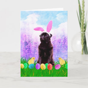 Cartes Pour Fêtes Annuelles Chien de carlin avec oeufs de Pâques Poussins lapi