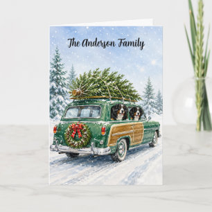 Cartes Pour Fêtes Annuelles Chien de montagne bernois Famille Noël Wagon vert