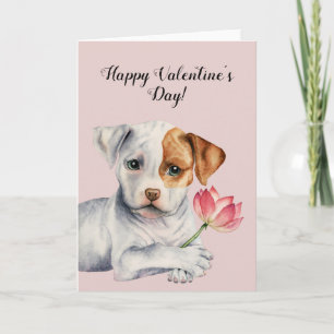 Cartes Pour Fêtes Annuelles Chien de pitbull tenant la fleur rose Valentine