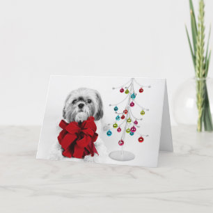 Cartes Pour Fêtes Annuelles Chien de Shih Tzu avec l'arc rouge par l'arbre de