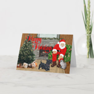 Cartes Pour Fêtes Annuelles Chien écossais et chat siamois avec le Père Noël