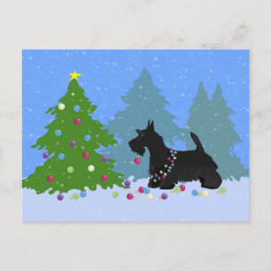 Cartes Pour Fêtes Annuelles Chien écossais Terrier décorant l'arbre de Noël