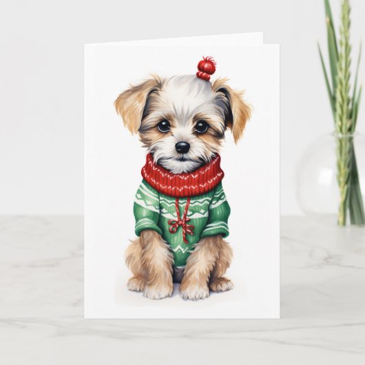 Cartes Pour Fêtes Annuelles Chien en pull de Noël, Chien des Fêtes BLANK (Devant)