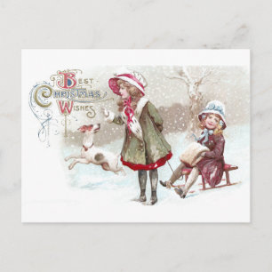 Cartes Pour Fêtes Annuelles Chien et fille sur traîneau Vintage Noël