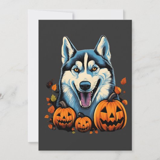 Cartes Pour Fêtes Annuelles Chien Husky Sourire Pop Art avec Citrouilles Hallo (Devant)