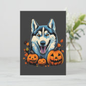 Cartes Pour Fêtes Annuelles Chien Husky Sourire Pop Art avec Citrouilles Hallo (Debout devant)