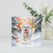 Cartes Pour Fêtes Annuelles Chien Maltais Terrier En hiver Neige Joyeux Noël (Debout devant)