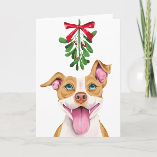 Cartes Pour Fêtes Annuelles Chien mignon de Pitbull sous Noël de gui (Devant)