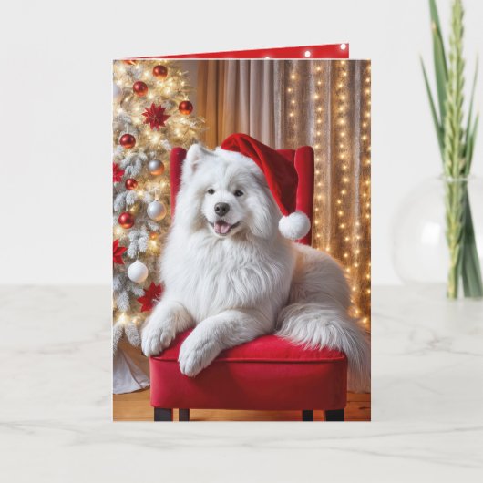 Cartes Pour Fêtes Annuelles Chien Samoyé de Noël sur une chaise rouge (Devant)