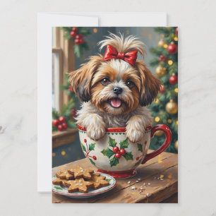 Cartes Pour Fêtes Annuelles Chien Shih Tzu adorable dans une tasse de Noël - A