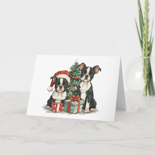 Cartes Pour Fêtes Annuelles Chiens de Noël Boston Terrier (Devant)