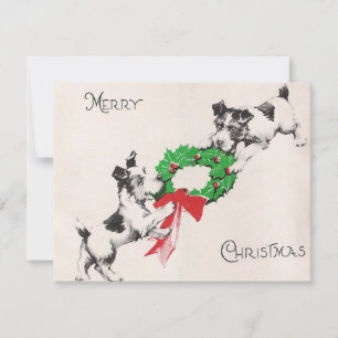 Cartes Pour Fêtes Annuelles Chiens De Noël Vintage Jouant Avec De La Couronne