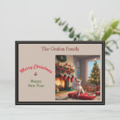 Cartes Pour Fêtes Annuelles Chihuahua avec cheminée et sapin de Noël (Debout devant)