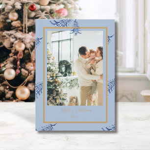 Cartes Pour Fêtes Annuelles Chinoiserie Noël Pagode Bleu Poussiéreux 2-Photos