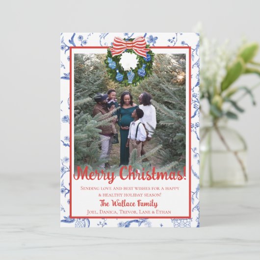 Cartes Pour Fêtes Annuelles Chinoiserie Wreath, Bleu & Blanc Grandmillenium (Debout devant)