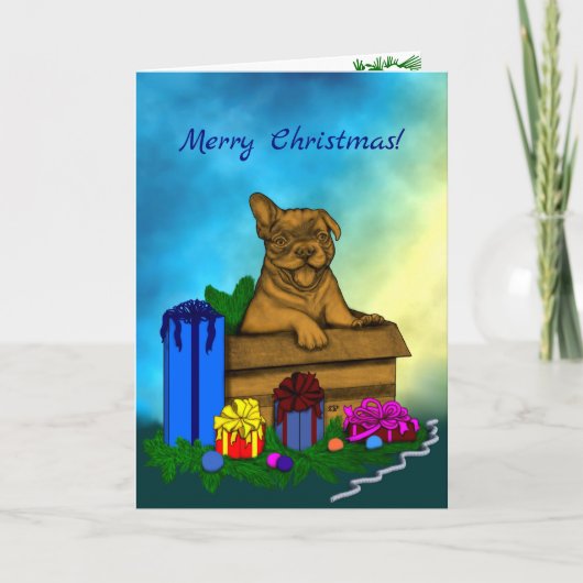 Cartes Pour Fêtes Annuelles Chiot dans une boîte, Joyeux Noël (Devant)