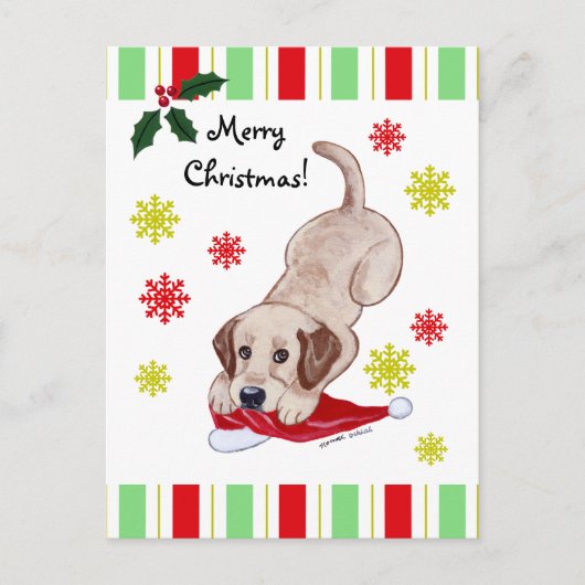 Cartes Pour Fêtes Annuelles Chiot jaune du Labrador et chapeau de Noël (Devant)