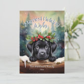 Cartes Pour Fêtes Annuelles Chiot noir en Forêt d'hiver voeux de Noël (Debout devant)