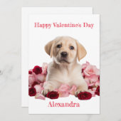 Cartes Pour Fêtes Annuelles Chiots Labrador personnalisé avec rose rose Saint- (Devant / Derrière)