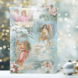 Cartes Pour Fêtes Annuelles Chorale des Anges de Noël Vintage Collage<br><div class="desc">Collage de charme de beaux anges victoriens,  pin enneigé,  rose,  saint,  musique de Noël,  typographie,  verdure éternelle et paysages ruraux rustiques bordés d'un délicat feu blanc sur arrière - plan bleu ciel clair.</div>