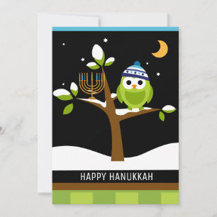 Cartes Pour Fêtes Annuelles Chouette de Hanukkah & Arbre enneigé avec chandeli