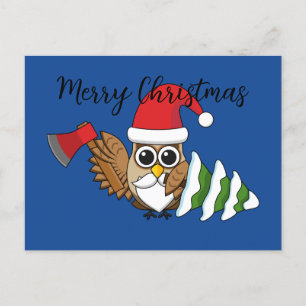 Cartes Pour Fêtes Annuelles Chouette de Noël avec Ax et Snowy Pine Tree   Ajou