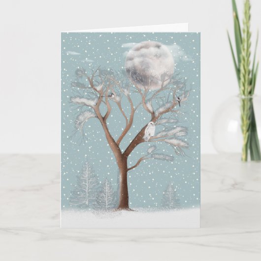 Cartes Pour Fêtes Annuelles Chouette des neiges et lune d'hiver (Devant)
