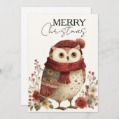 Cartes Pour Fêtes Annuelles Chouette d'hiver confortable dans une écharpe roug (Devant / Derrière)