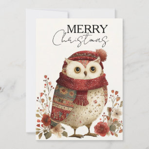 Cartes Pour Fêtes Annuelles Chouette d'hiver confortable dans une écharpe roug